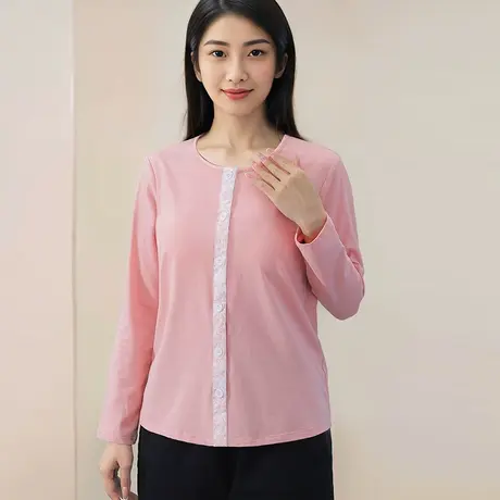 带胸垫系扣长袖打底衫女圆领开衫T恤中年商品大图