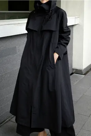 纯诗曼春秋新款韩版女装宽松大码斗篷型连帽时尚中长款风衣外套女商品大图