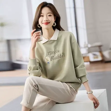 时尚休闲卫衣2023年秋季新款女装百搭舒适假领子长袖韩版套头上衣商品大图