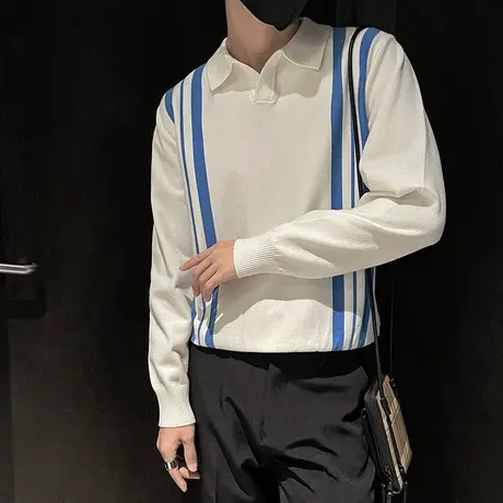 秋冬款拼色条纹针织衫男2023个性潮流韩版轻熟打底POLO衫线衣体恤商品大图