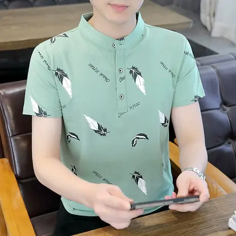 夏季新款短袖T恤男士立领薄款纯棉打底衫男装印花中青年小衫潮流商品大图