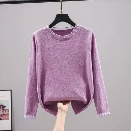 2023春装新款韩版宽松纯色长袖打底衫毛衣上衣圆领针织衫女士百搭商品大图