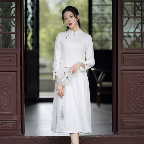 素飞中式改良旗袍2023年新款春季加绒蕾丝裙白色长款连衣裙茶服女图片