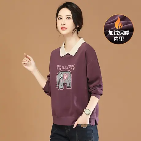 韩潮袭人娃娃领字母印花长袖加绒卫衣女2023冬新款宽松显瘦上衣图片