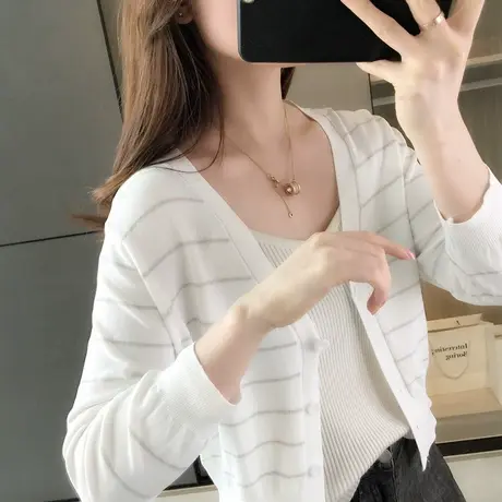 春装初夏新款女士针织开衫条纹外搭宽松小外套薄上衣防晒衫商品大图
