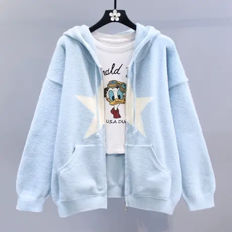 小清新学院风星星连帽毛衣外套女秋冬2023新款宽松设计感针织开衫图片