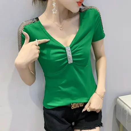 欧货性感V领T恤女短袖2024夏装新款洋气百搭烫钻小衫修身显瘦上衣商品大图