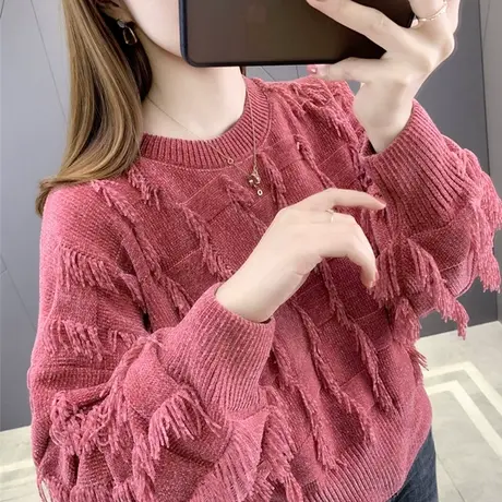 短款毛衣女秋冬2023新款流苏针织衫宽松外穿小个子雪尼尔打底衫女商品大图