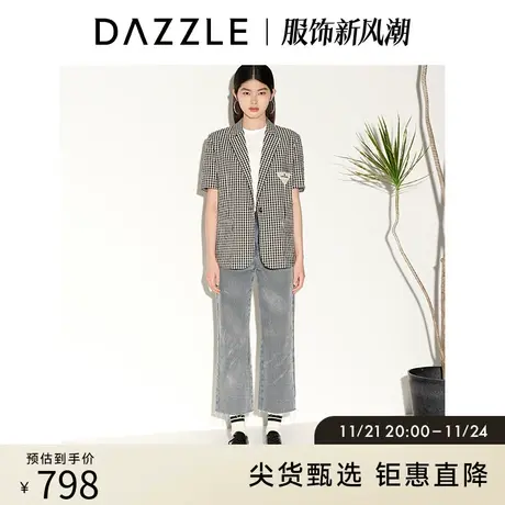 DAZZLE地素奥莱夏季复古格纹小众徽章设计短袖西装外套上衣女图片
