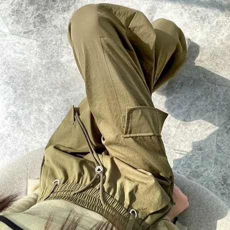 卡其色美式工装裤女2023春秋新款宽松直筒高腰显瘦垂感阔腿拖地裤图片