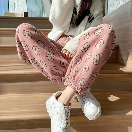 羊绒毛呢裤子女秋冬2023年新款兔子设计感小个子高腰加厚束脚卫裤商品大图