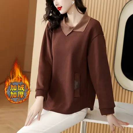 加绒加厚卫衣女秋冬宽松加大码女装中年妈妈休闲减龄显瘦翻领上衣商品大图