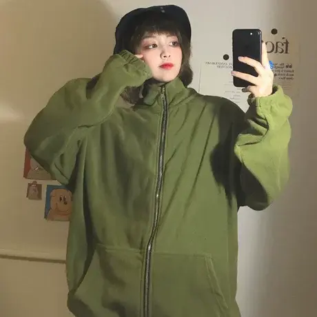 拉链卫衣女秋冬韩版宽松bf慵懒风百搭加绒加厚ins超火cec外套洋气商品大图