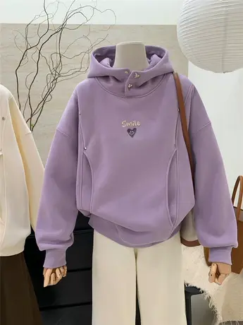 小众设计感爱心笑脸加绒连帽卫衣女上衣秋冬新款加厚宽松套头上衣商品大图