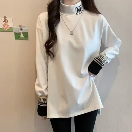 设计感小众高领长袖T恤女加绒加厚保暖秋冬装宽松显瘦上衣ins潮牌图片