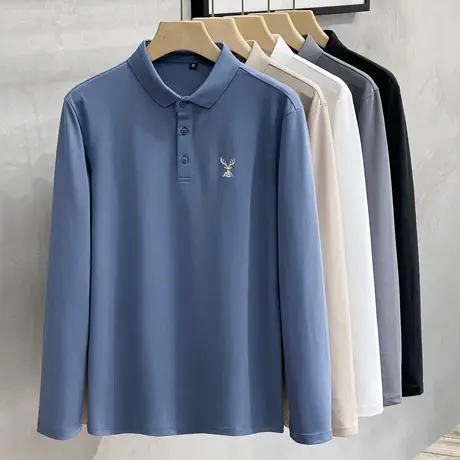 新款珠地棉面料男士polo衫简约商务休闲帅气刺绣打底长袖T恤上衣商品大图