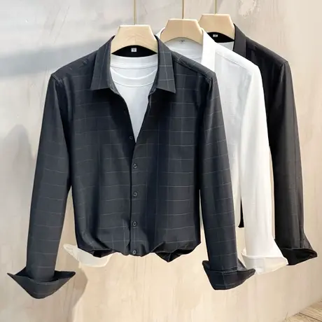 2023年春秋格子高端免烫衬衫男长袖修身潮流帅气冰丝商务休闲衬衣商品大图