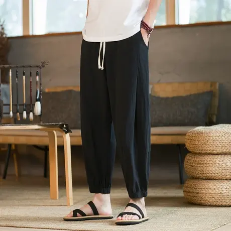 夏季薄款男裤子棉麻运动裤宽松休闲裤纯棉男士卫裤潮流束脚九分裤商品大图