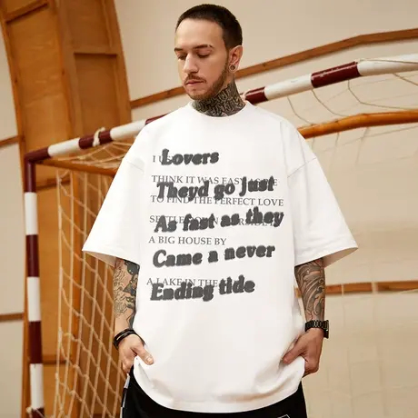 字母纯棉美式潮牌高街短袖t恤男宽松胖子大码男装ins加肥加大半袖商品大图