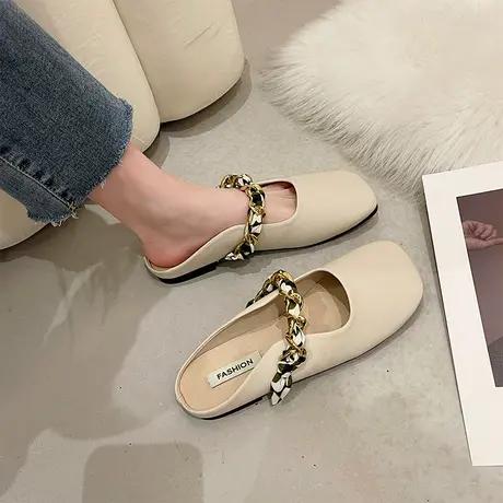 包头半拖鞋女夏外穿2023新款孕妇平底大头小皮鞋法式方头链条凉拖商品大图