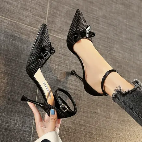 蝴蝶结编织一字带高跟鞋女2024春季新款气质职业女鞋尖头中空单鞋商品大图