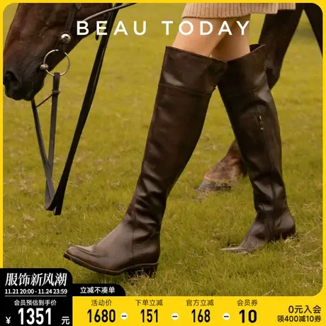 BeauToday过膝长靴女真皮BT黑色靴子女长筒靴骑士靴高筒秋季单靴图片