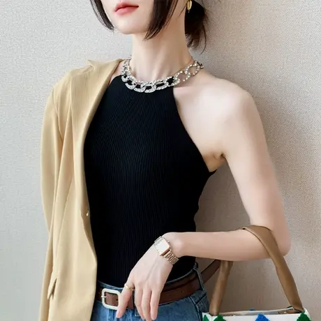 无袖针织打底衫2023春季女装新款修身纯色西装内搭设计感小众上衣图片