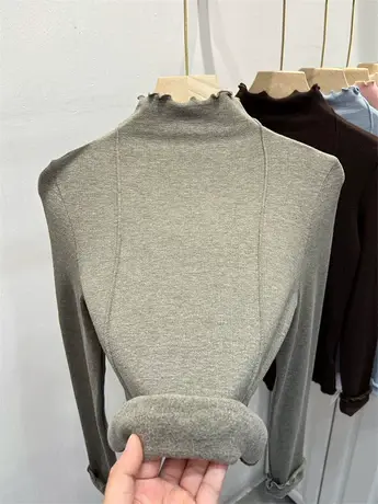 波浪半高领磨毛羊绒小衫女2023秋冬新款设计感素条加绒打底衫上衣商品大图