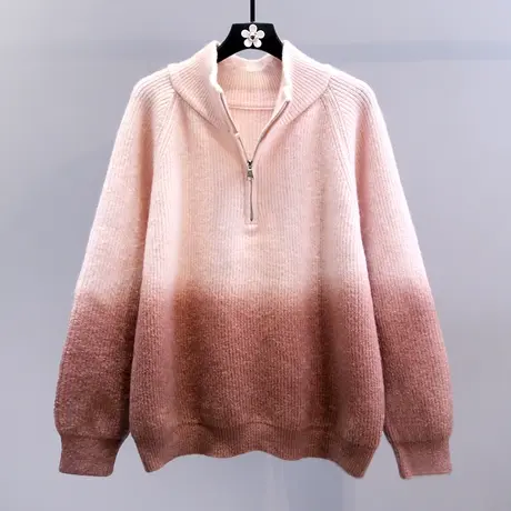 复古渐变色拉链高领毛衣女冬季2023新款宽松加厚慵懒风外穿针织衫商品大图