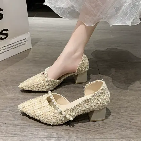 时尚百搭浅口尖头粗跟豆豆鞋子女2024年春秋季新款温柔晚晚风单鞋商品大图