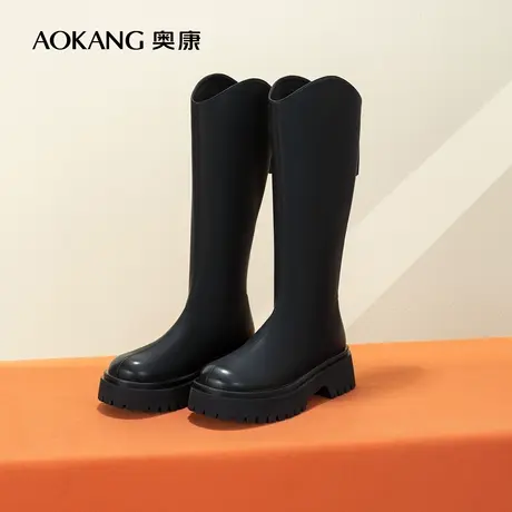 奥康女鞋 冬季新款骑士靴女高筒复古百搭平底不过膝长筒靴图片