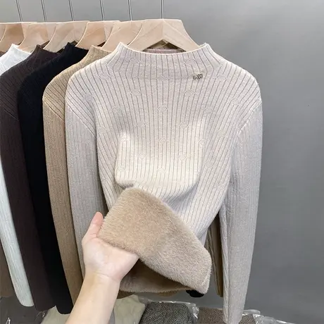 一体绒半高领毛衣女加绒加厚打底衫2023秋冬新款针织衫内搭上衣潮商品大图