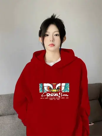 2024新款喜庆龙年本命年红色连帽卫衣女加绒加厚宽松大版上衣外套商品大图