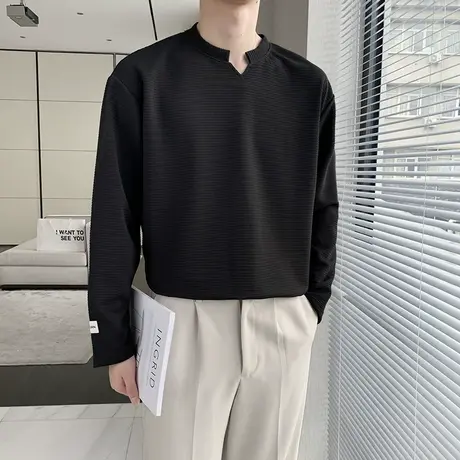 肌理感V领长袖T恤打底衫男春秋季卫衣高级感纯色休闲内搭上衣体恤商品大图