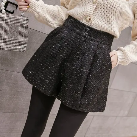 网红短裤女2023秋冬高腰亮片休闲大码阔腿裤靴裤打底黑色外穿短裤图片