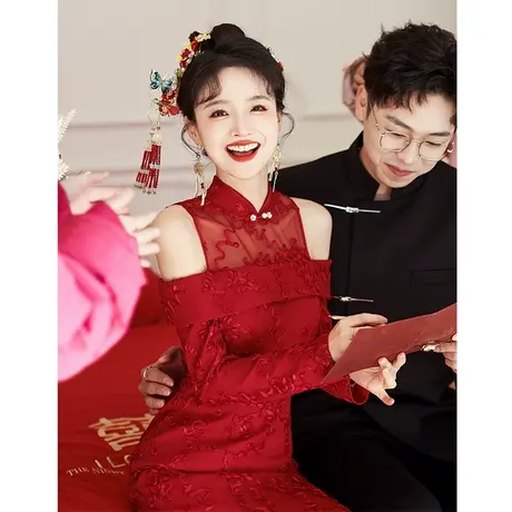 长袖敬酒服新娘2024新款秋冬款回门服订婚礼服高级感蕾丝结婚鱼尾图片