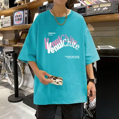 港风纯棉短袖t恤男夏季潮流字母印花设计感小众体恤宽松ins上衣服商品大图