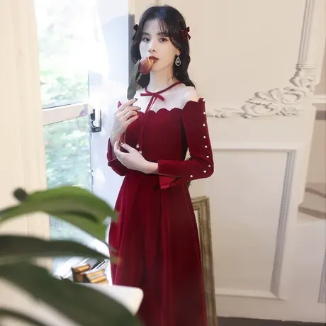 长袖敬酒服新娘2023新款冬季结婚订婚礼服酒红色平时可穿丝绒钉珠图片