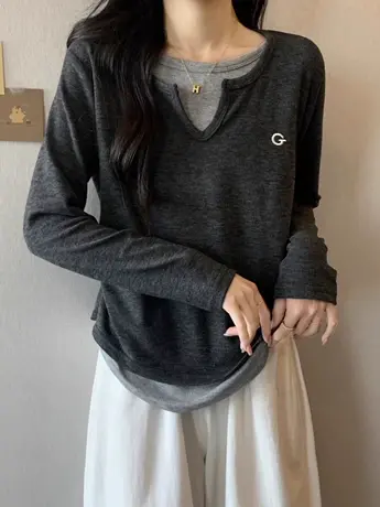 假两件长袖T恤打底衫女秋冬新款大码胖妹妹显瘦洋气欧货正肩上衣图片