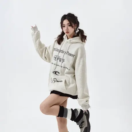 YEP印花加绒连帽卫衣女秋冬2023新款复古情侣装宽松oversize外套商品大图