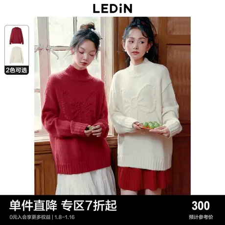 乐町蝴蝶结半高领毛衣女24新红色毛衣松弛感加厚套头毛针织衫商品大图