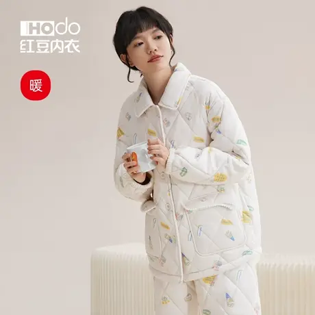 红豆睡衣女三层夹棉加厚冬季保暖可外穿保暖法兰绒女士家居服套装商品大图