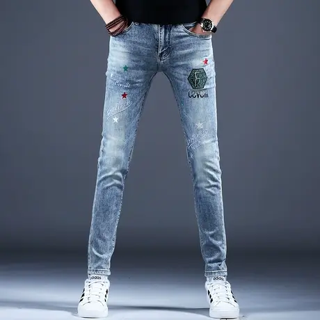 2024新款刺绣牛仔裤男款浅色时尚修身烫钻小脚花裤子男士百搭潮牌商品大图