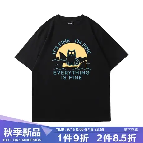 猫咪短袖T恤休闲运动欧美INS风小众设计情侣纯棉半袖潮流宽松体恤商品大图