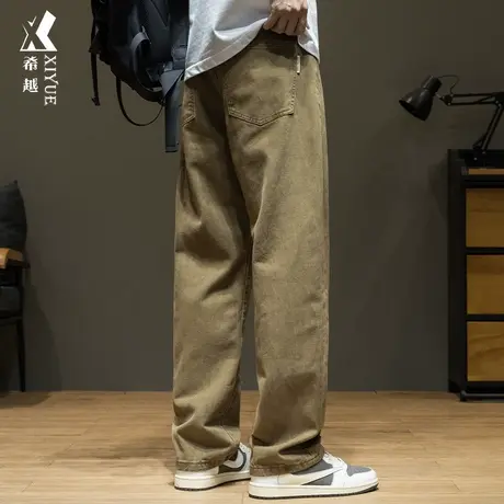 希越咖色牛仔休闲裤男2024春季新款宽松大码男士直筒纯棉工装裤子商品大图
