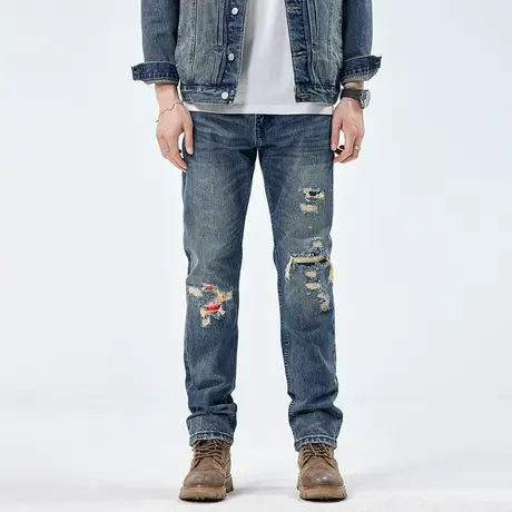 美式牛仔裤男2024新款破洞宽松直筒春秋款潮牌潮流高街男士裤子商品大图