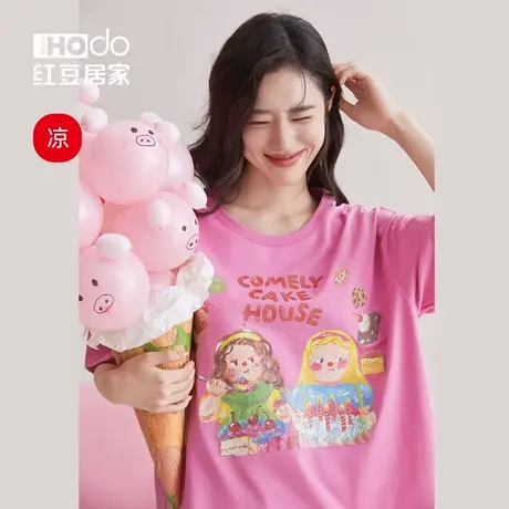 红豆夏季短袖睡衣女士多巴胺可爱印花凉感棉套头家居服休闲可外穿商品大图