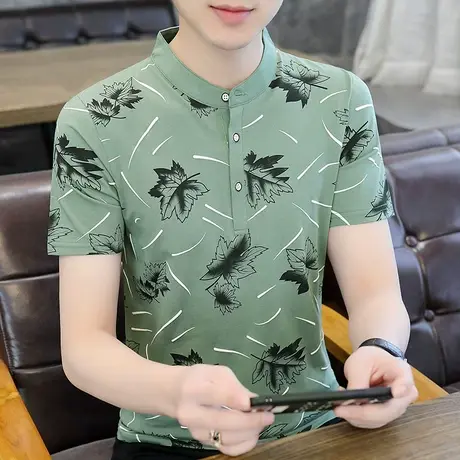 立领短袖T恤男韩版潮流纯棉印花夏季休闲半袖打底衫个性百搭潮牌商品大图