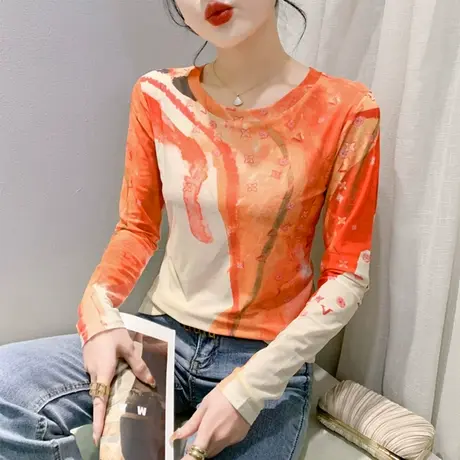 时尚网纱上衣女春秋设计感小众印花T恤长袖气质圆领打底衫内搭ins商品大图