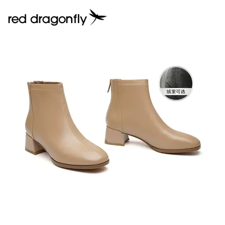 红蜻蜓时装短靴女款粗跟正装单靴加绒保暖冬季妈妈棉靴女士棉鞋商品大图